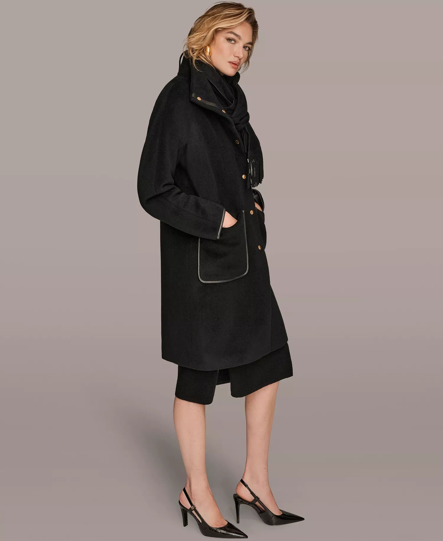 Donna Karan New York Women's Snap Button Scarf Coat - Black