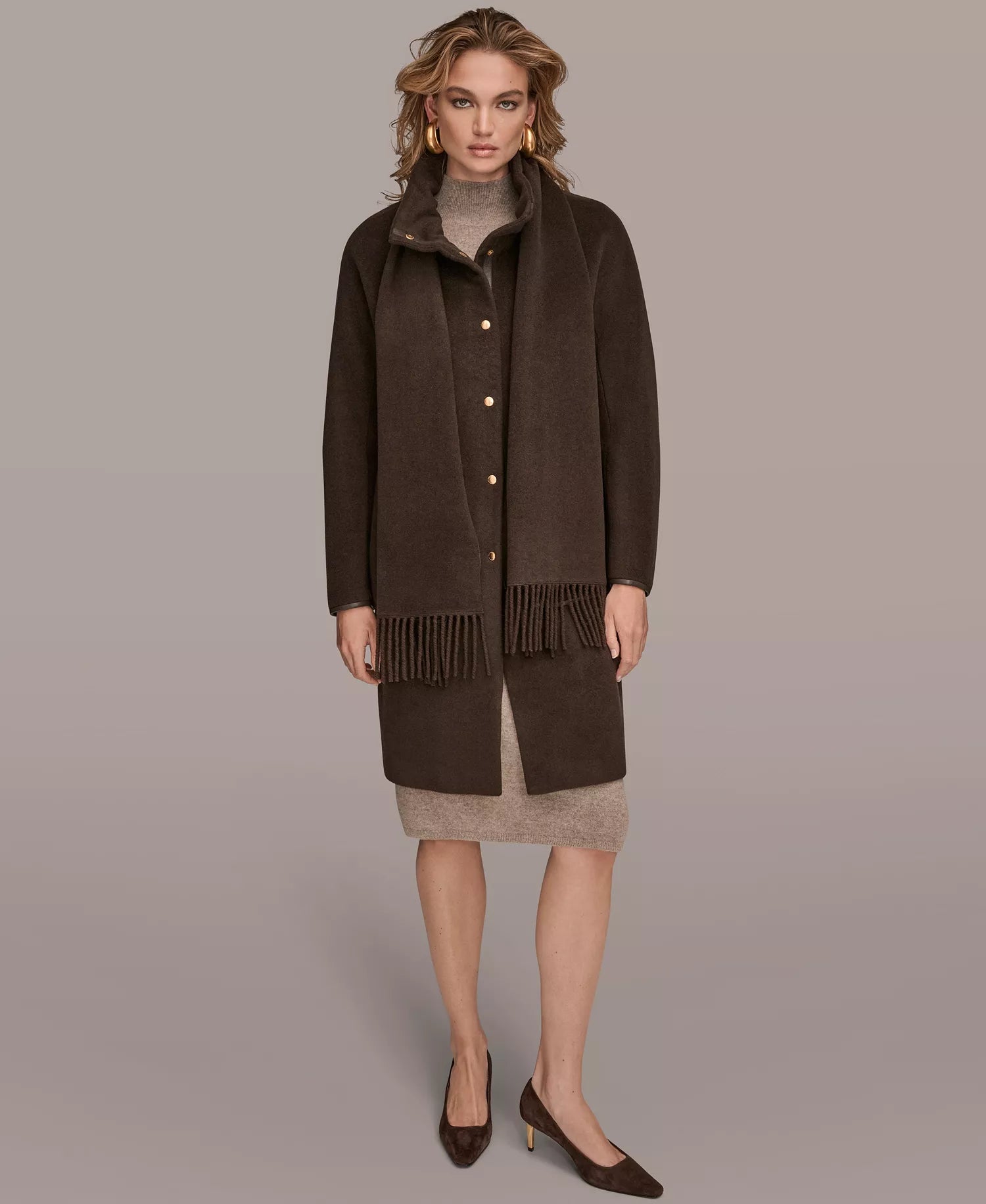 Donna Karan New York Women's Snap Button Scarf Coat - Chocolate