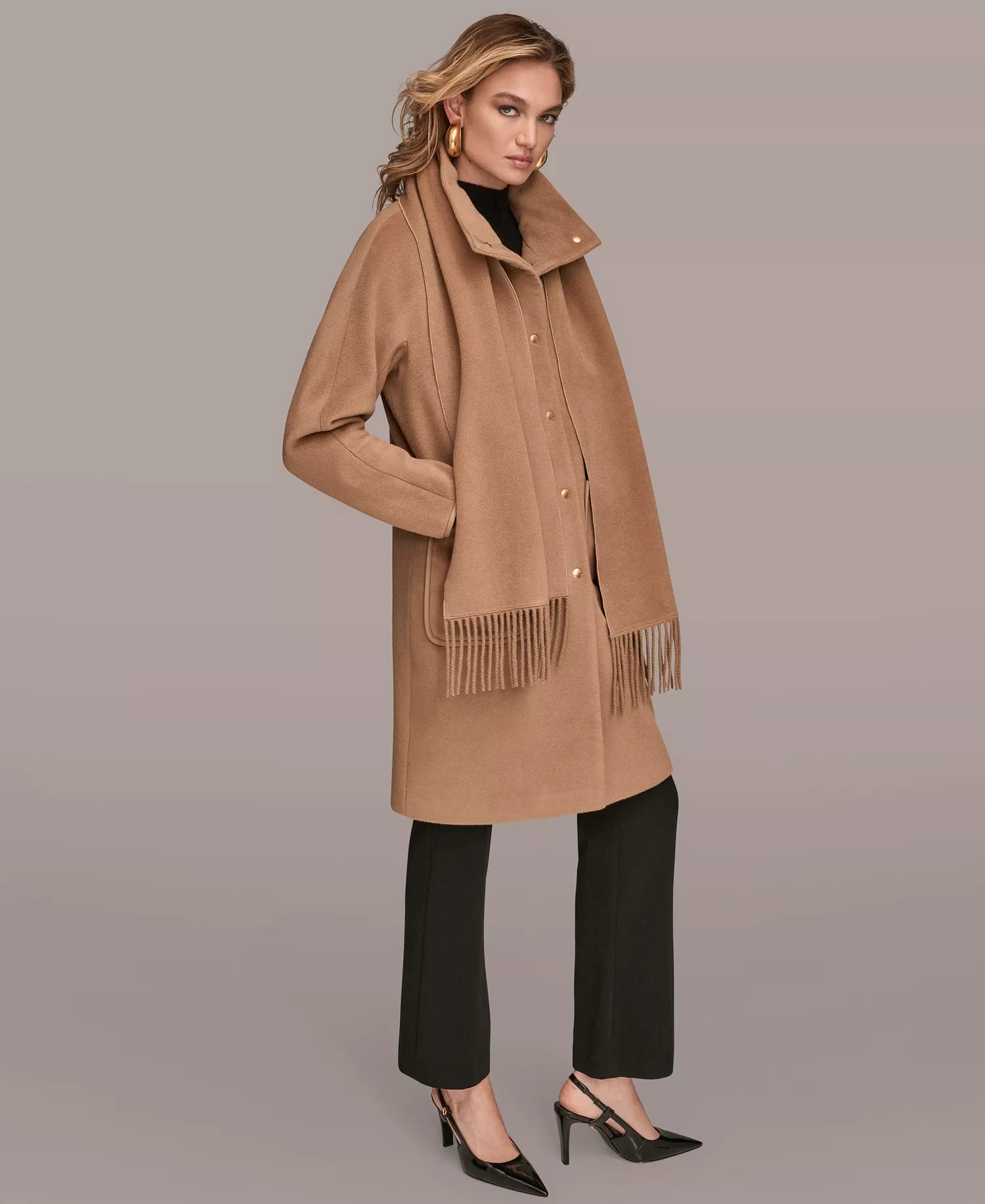 Donna Karan New York Women's Snap Button Scarf Coat Camel