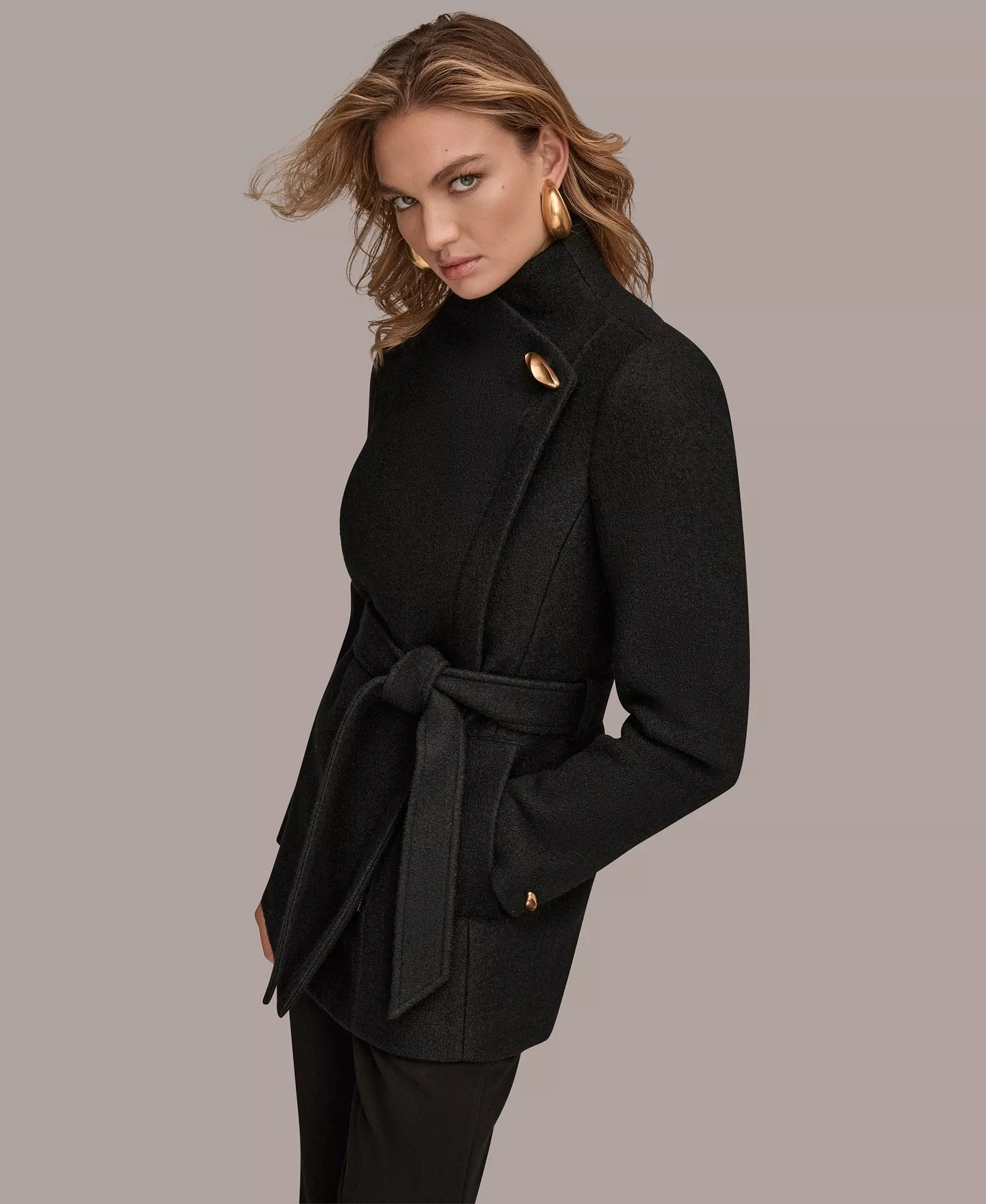 Donna Karan New York Women's Wing Collar Belted Coat - Black
