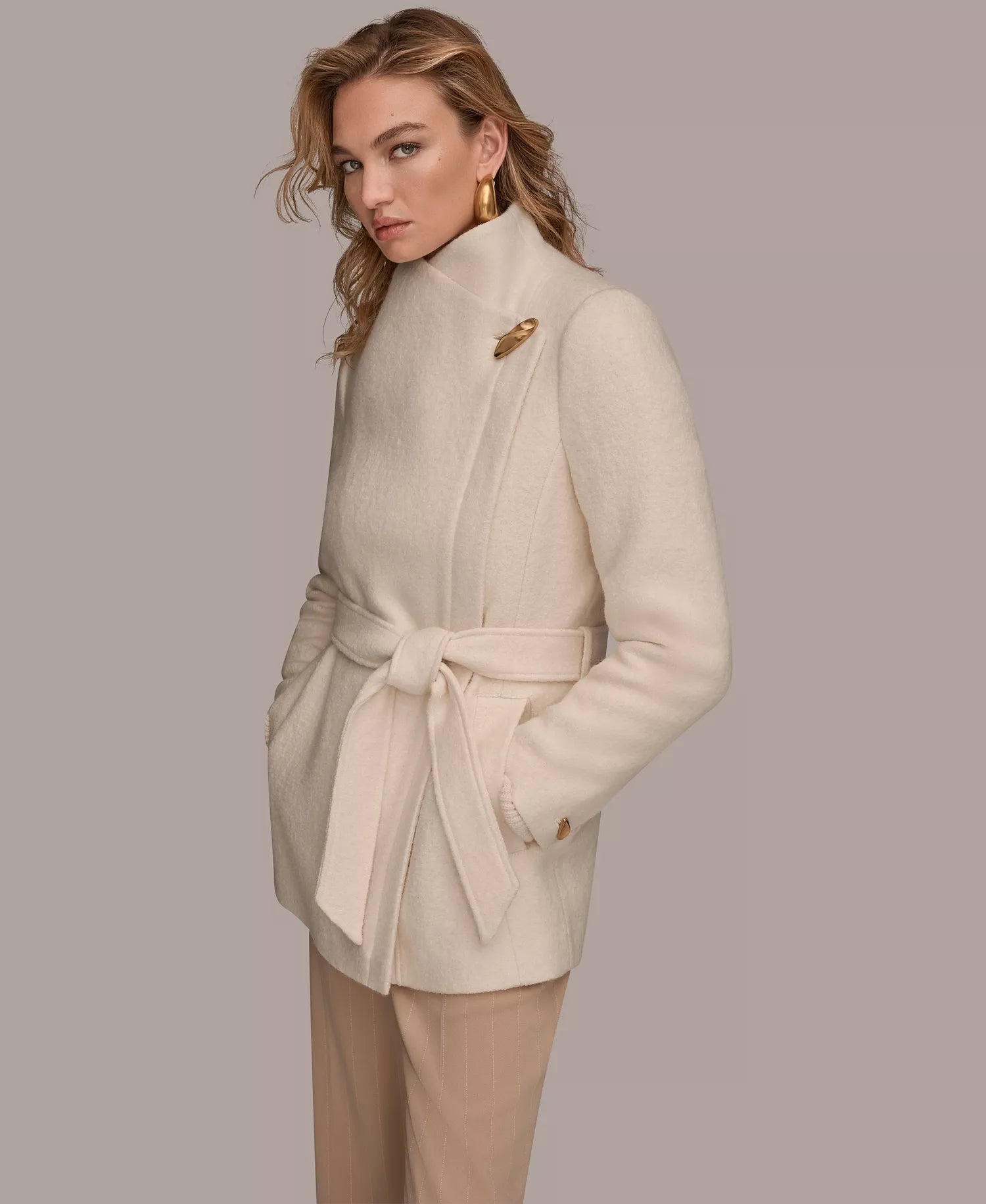 Donna Karan New York Women's Wing Collar Belted Coat - Ivory