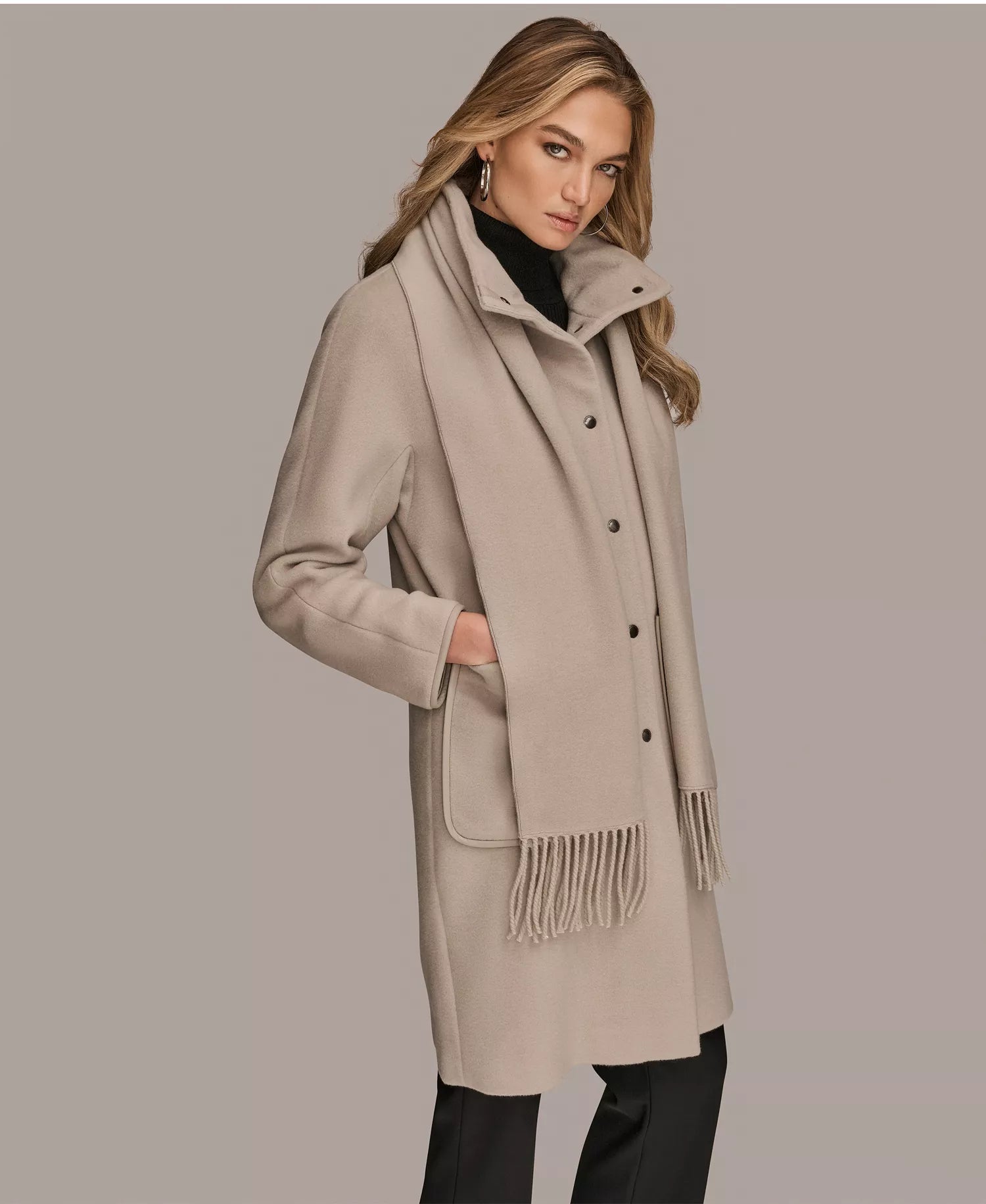 Donna Karan New York Women's Snap Button Scarf Coat - Grey Tan