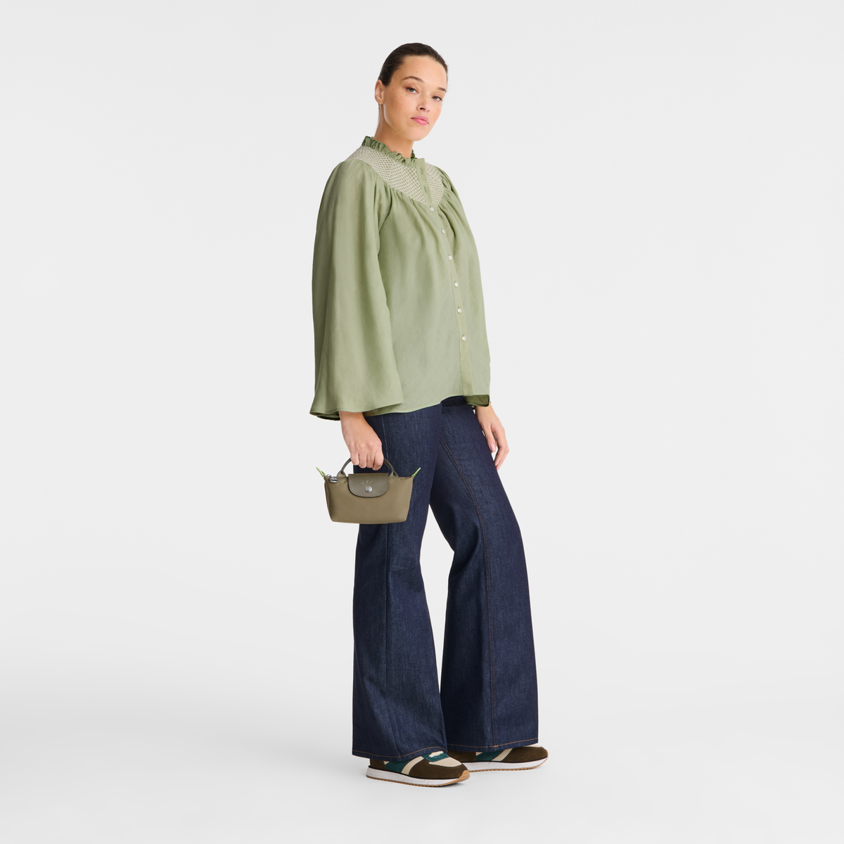 Longchamp Le Pliage Green Pouch With Handle-Artichoke