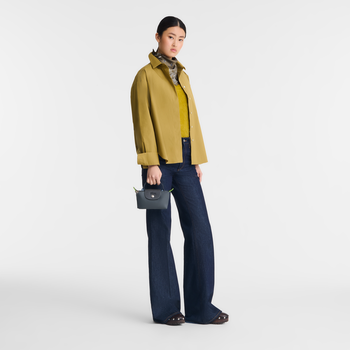 Longchamp Le Pliage Green Pouch With Handle-Graphite - Hemen Teslimde