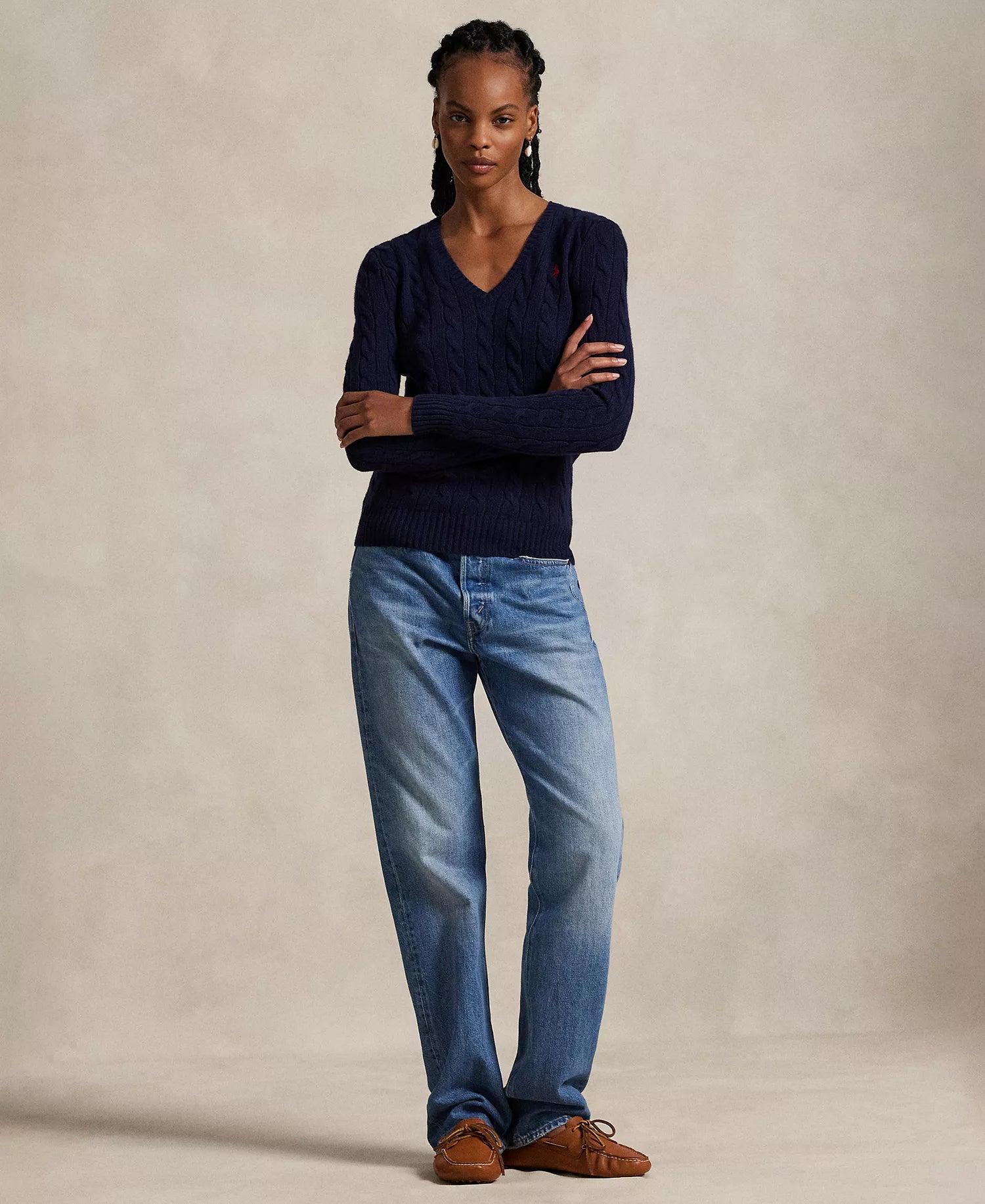 Ralph Lauren Women's Cable-Knit Wool-Cashmere V-Neck Sweater-Hunter Navy