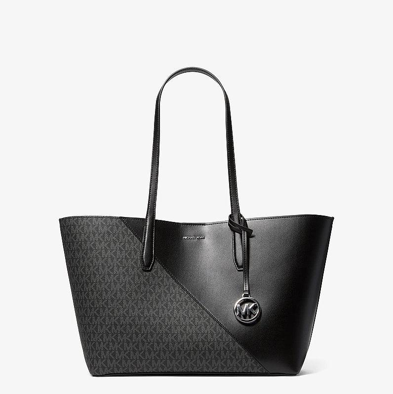 Michael Kors Avalon Medium Signature Logo and Smooth Tote Bag-BLACK