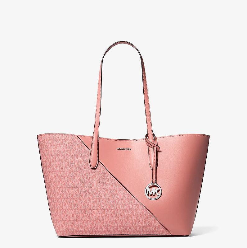 Michael Kors Avalon Medium Signature Logo and Smooth Tote Bag-SUNSET ROSE