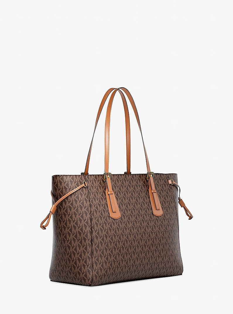 Michael Kors Voyager Large Signature Logo Top-Zip Tote Bag- BROWN