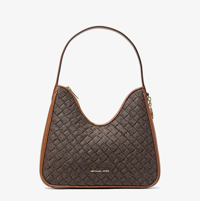 Michael Kors Nayla Small Woven Signature Logo Hobo Shoulder Bag - BROWN - Hemen Teslimde