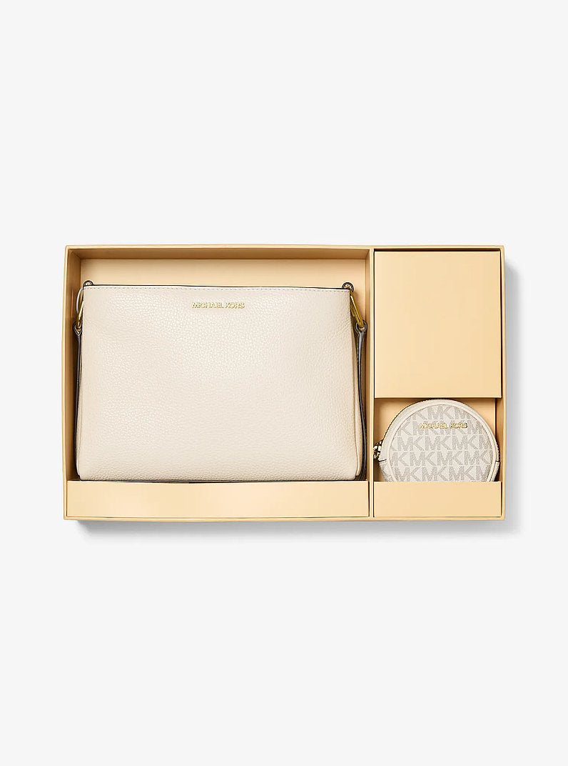 Michael Kors Trisha Pebbled Leather Crossbody Bag With Pouch Gift Set- LT CREAM
