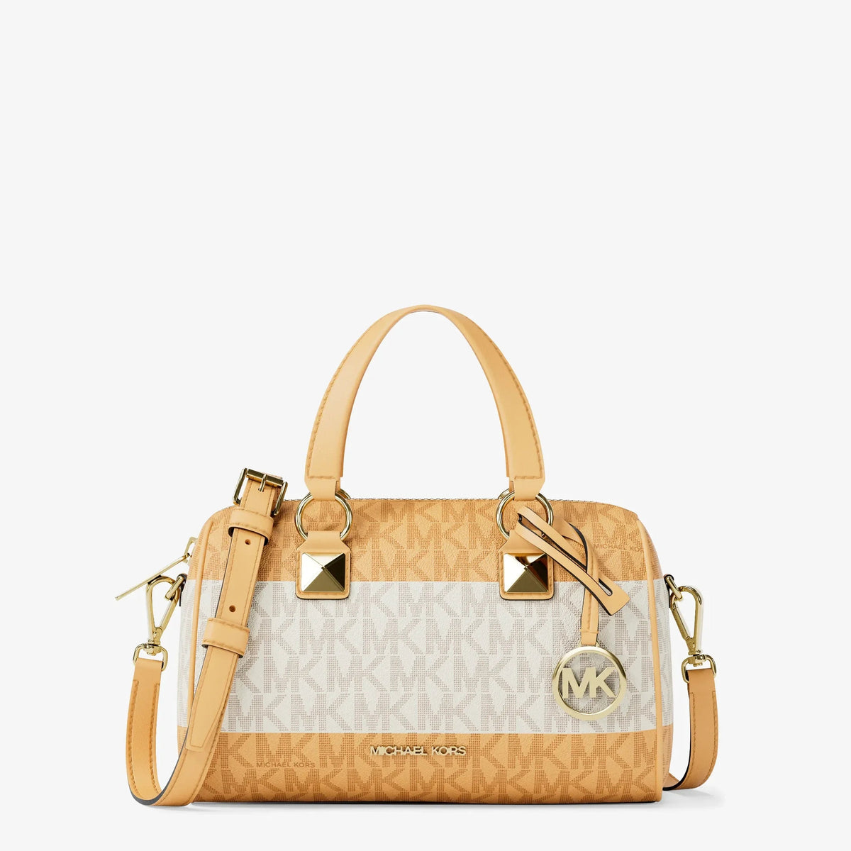 Michael Kors Grayson Small Striped Signature Logo Duffel Crossbody Bag-HONEYWHEAT