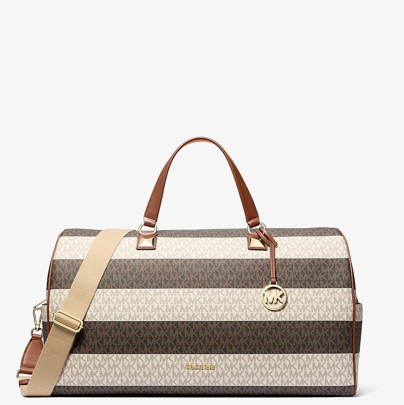 Michael Kors Grayson Extra-Large Striped Signature Logo Weekender Bag-VANILLA/LUGGAGE