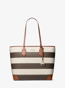 Michael Kors Eva Large Striped Signature Logo Tote Bag-VANILLA/LUGGAGE