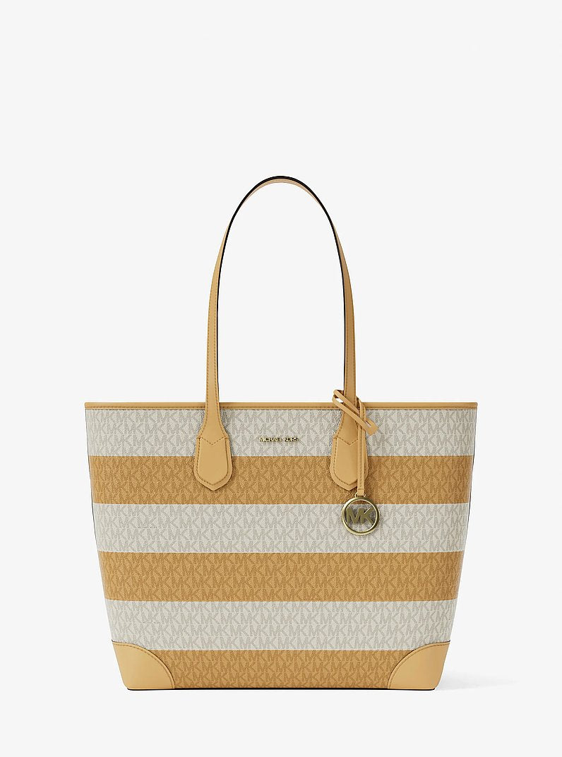 Michael Kors Eva Large Striped Signature Logo Tote Bag-HONEYWHEAT