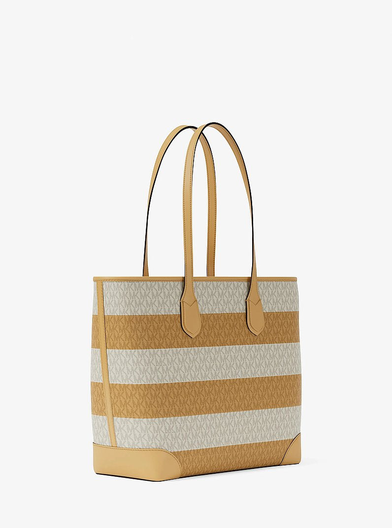 Michael Kors Eva Large Striped Signature Logo Tote Bag-HONEYWHEAT