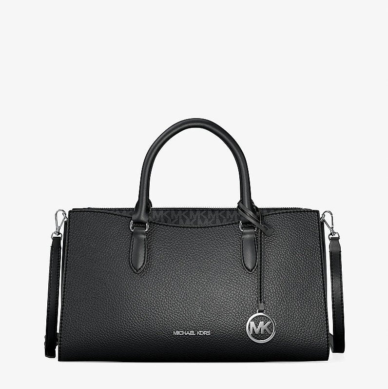 Michael Kors Arden Medium Pebbled Leather and Signature Logo Top-Zip Satchel-BLACK