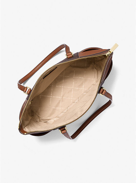 Michael Kors Charlotte Large Logo and Leather Top-Zip Tote Bag-BROWN