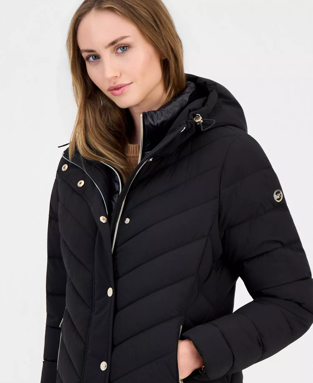 Michael Kors Women's Hooded Bibbed Packable Puffer Coat-Black
