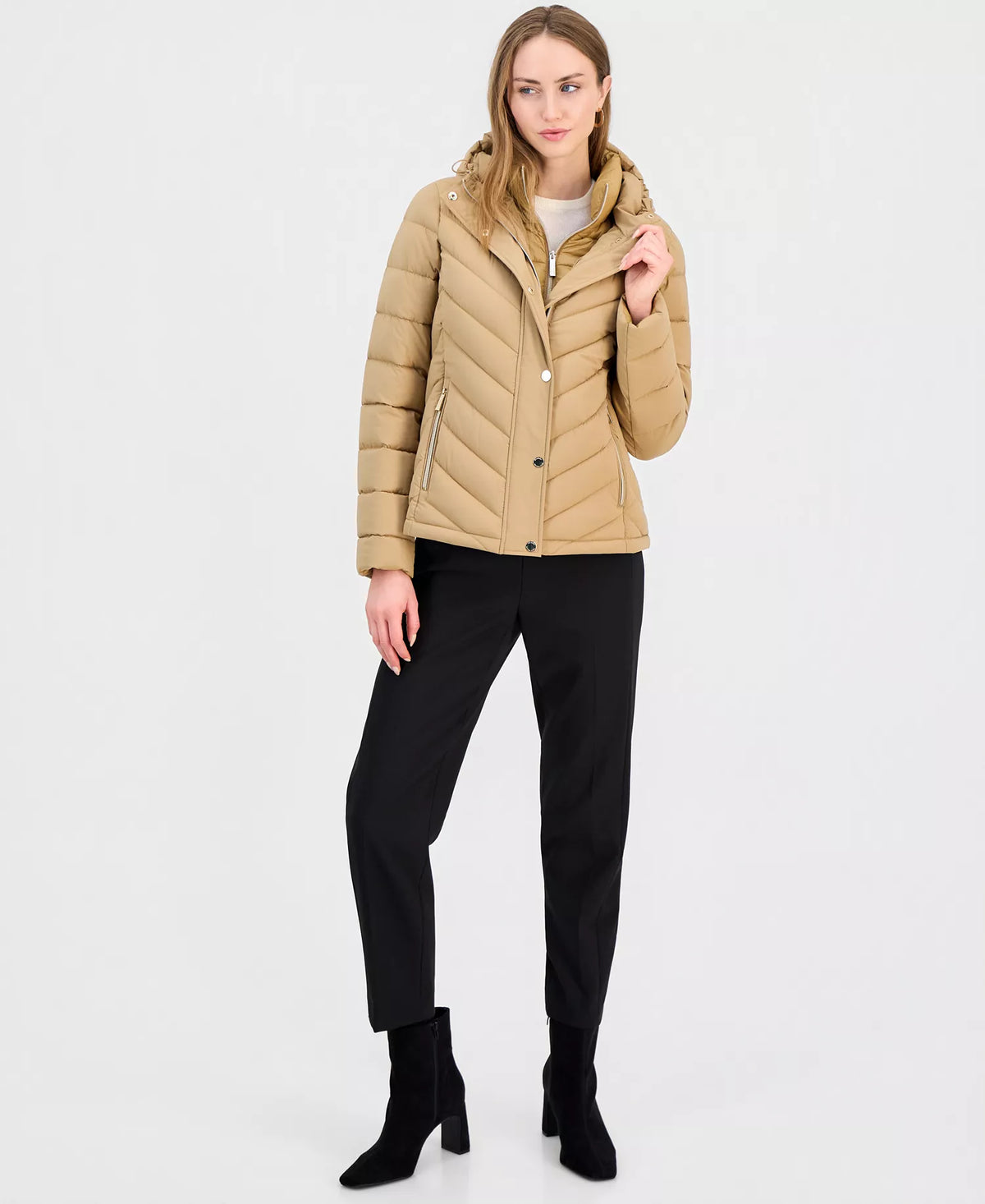 Michael Kors Women's Hooded Bibbed Packable Puffer Coat-Dk Camel