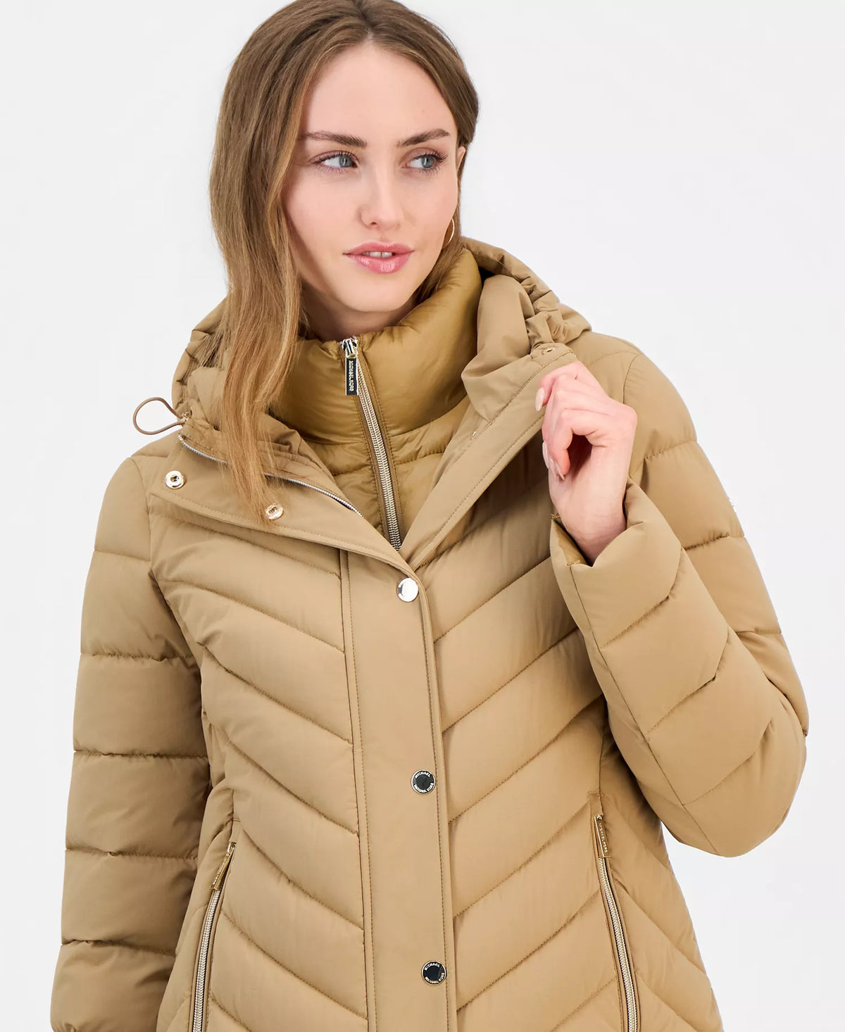 Michael Kors Women's Hooded Bibbed Packable Puffer Coat-Dk Camel
