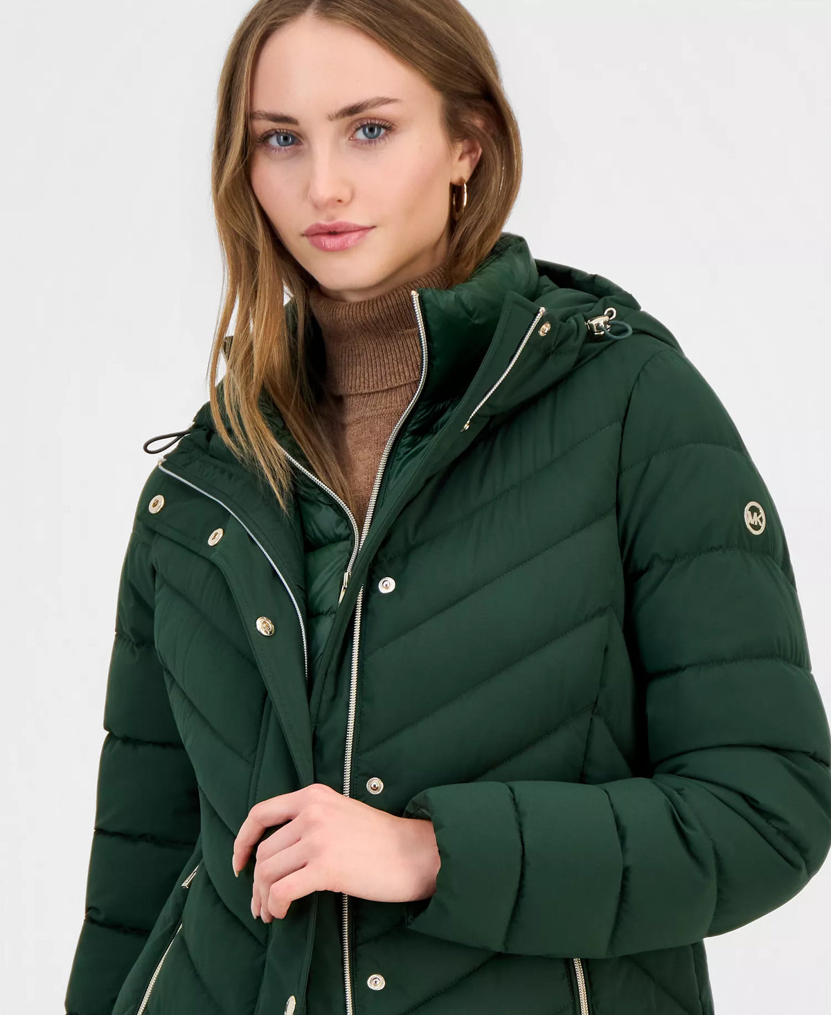 Michael Kors Women's Hooded Bibbed Packable Puffer Coat-Dark Moss