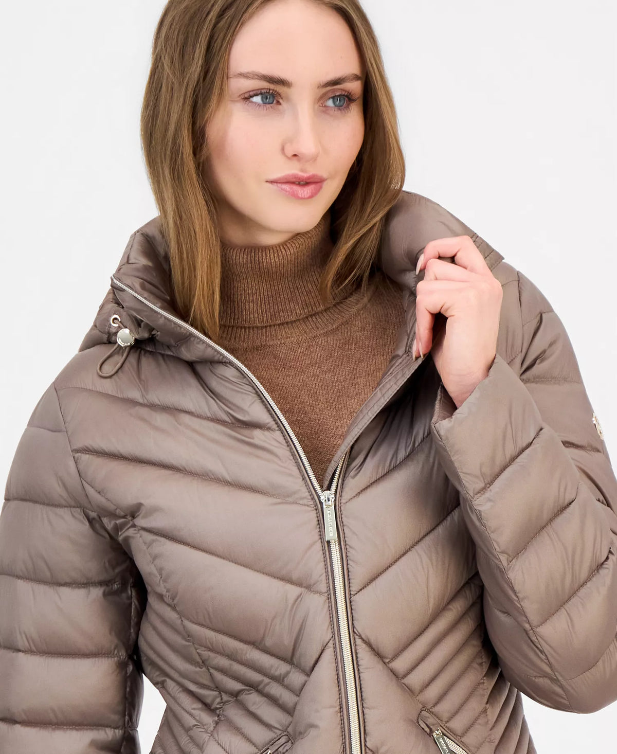 Michael Kors Women's Hooded Packable Puffer Coat-Taupe