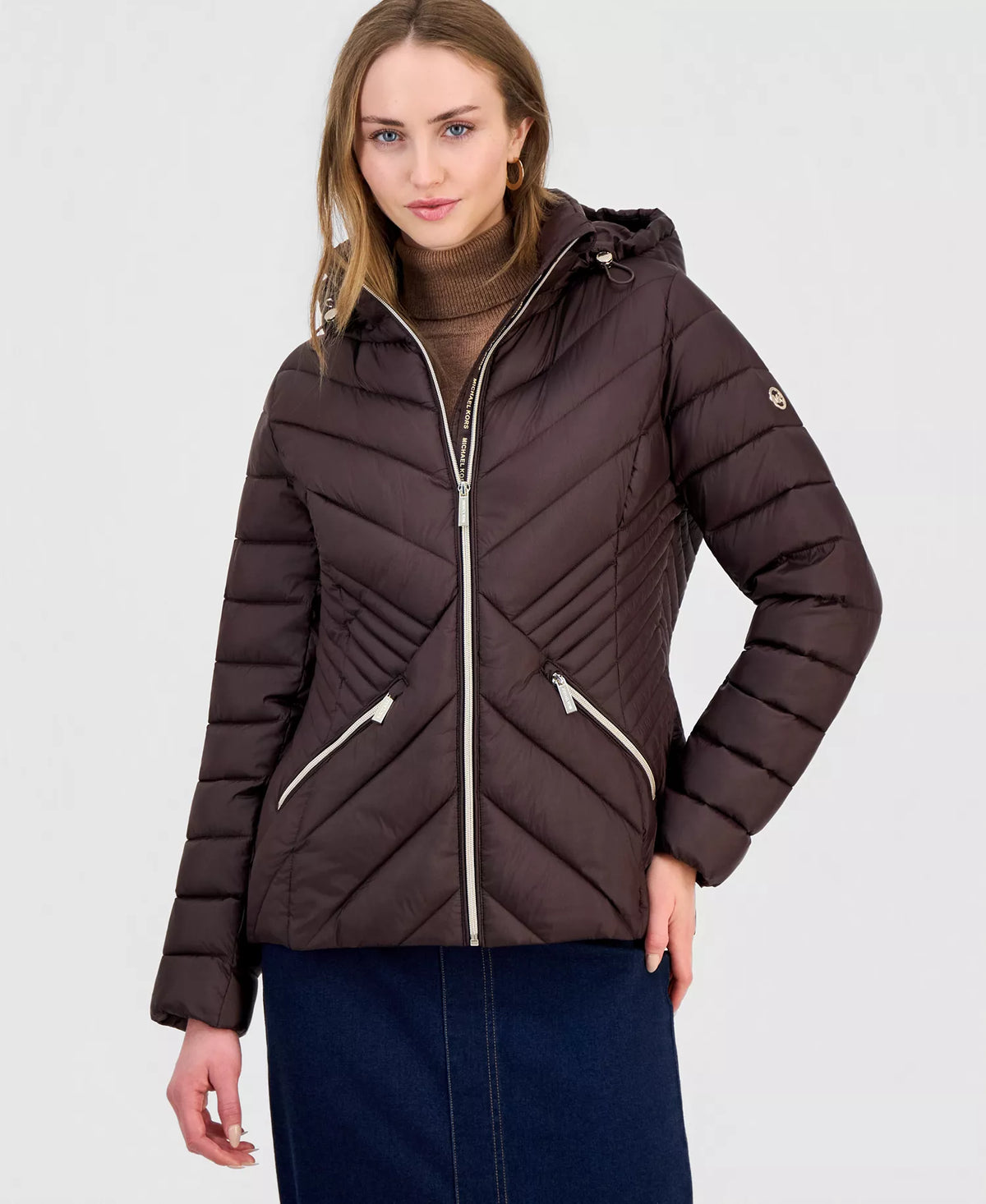 Michael Kors Women's Hooded Packable Puffer Coat-Chocolate