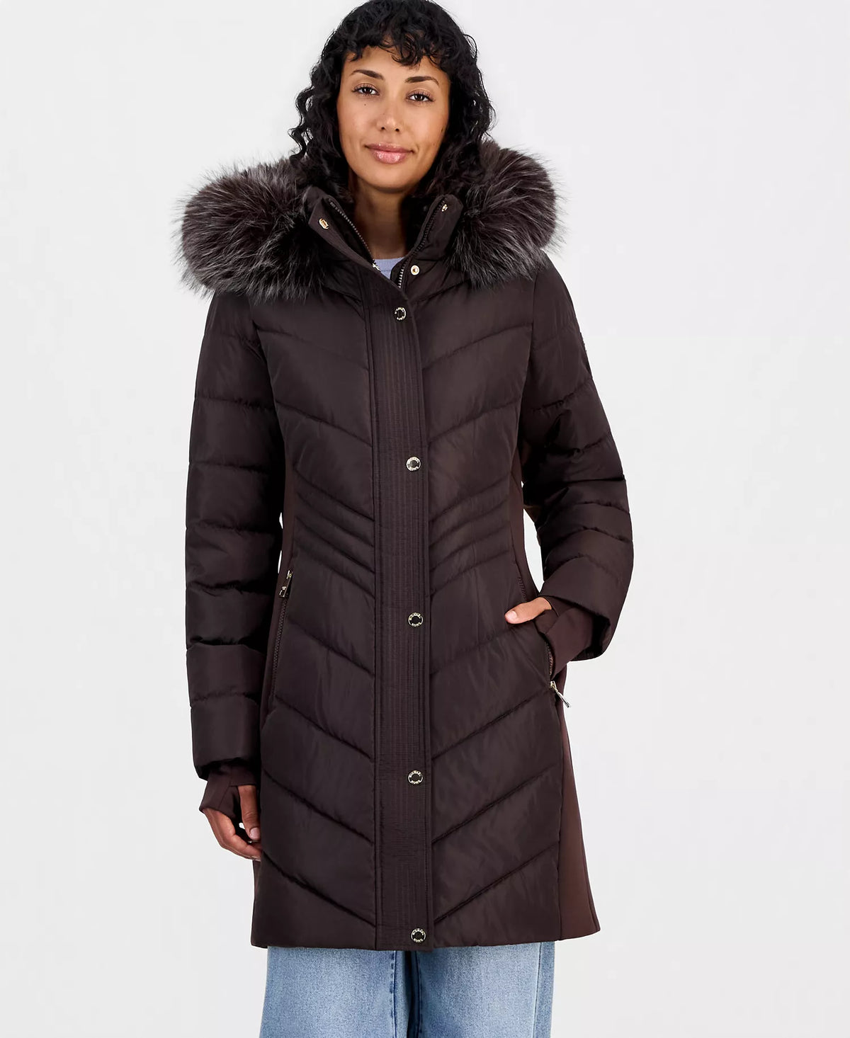 Michael Kors Michael Kors Women's Hooded Faux-Fur Trim Puffer Coat-Chocolate