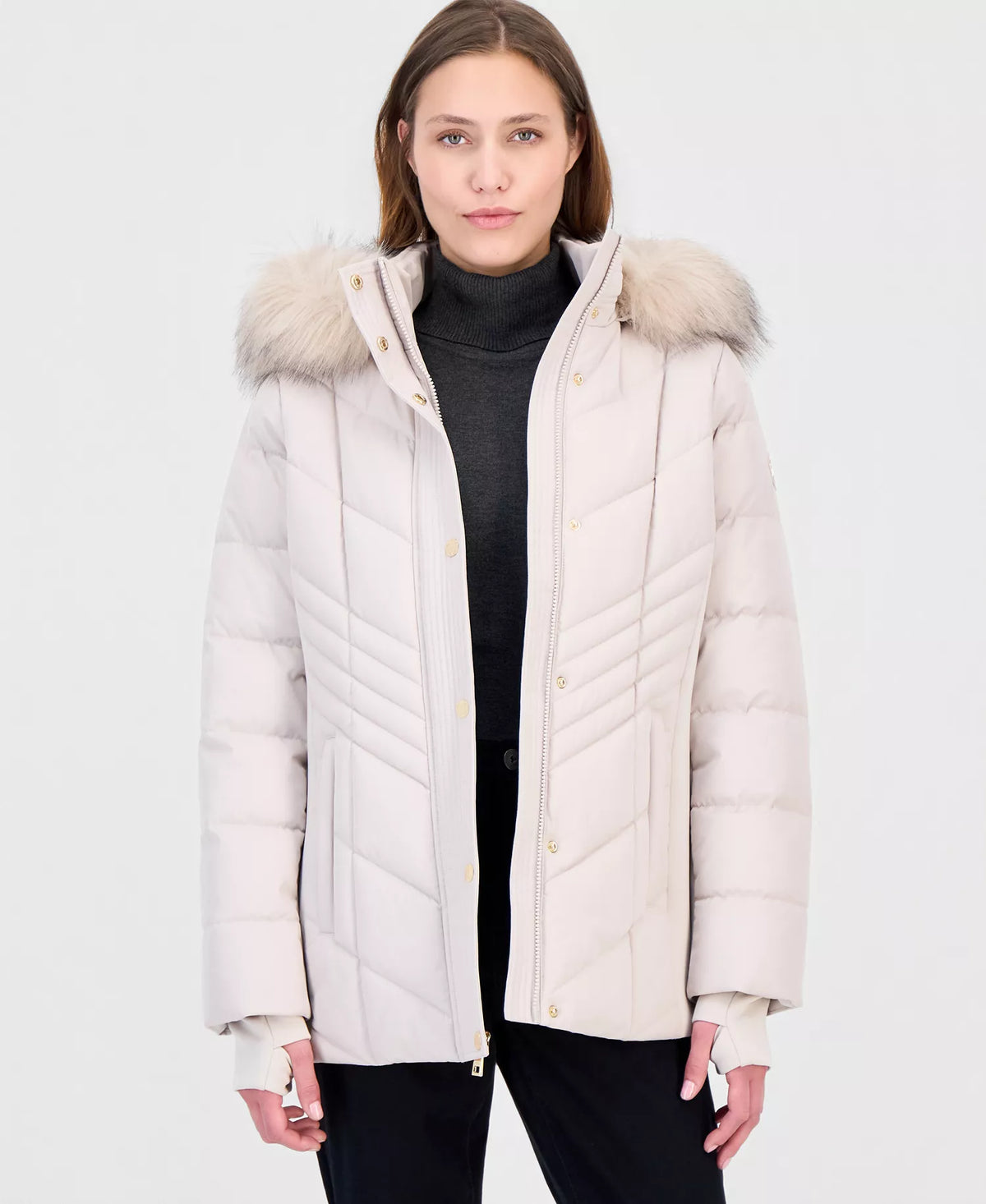 Michael Kors Women's Faux-Fur-Trim Hooded Puffer Coat, Created for Macy's-Champagne