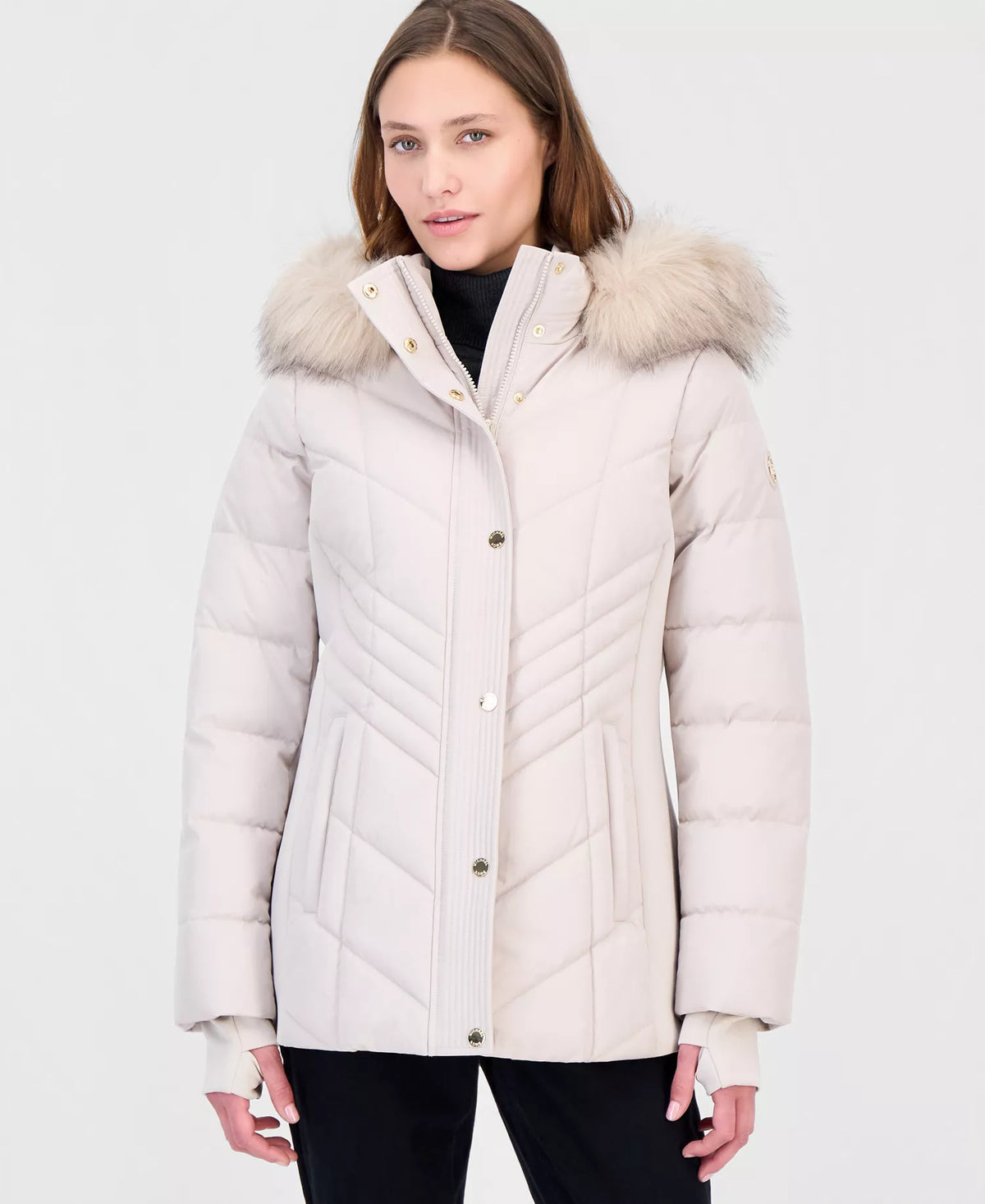 Michael Kors Women's Faux-Fur-Trim Hooded Puffer Coat, Created for Macy's-Champagne