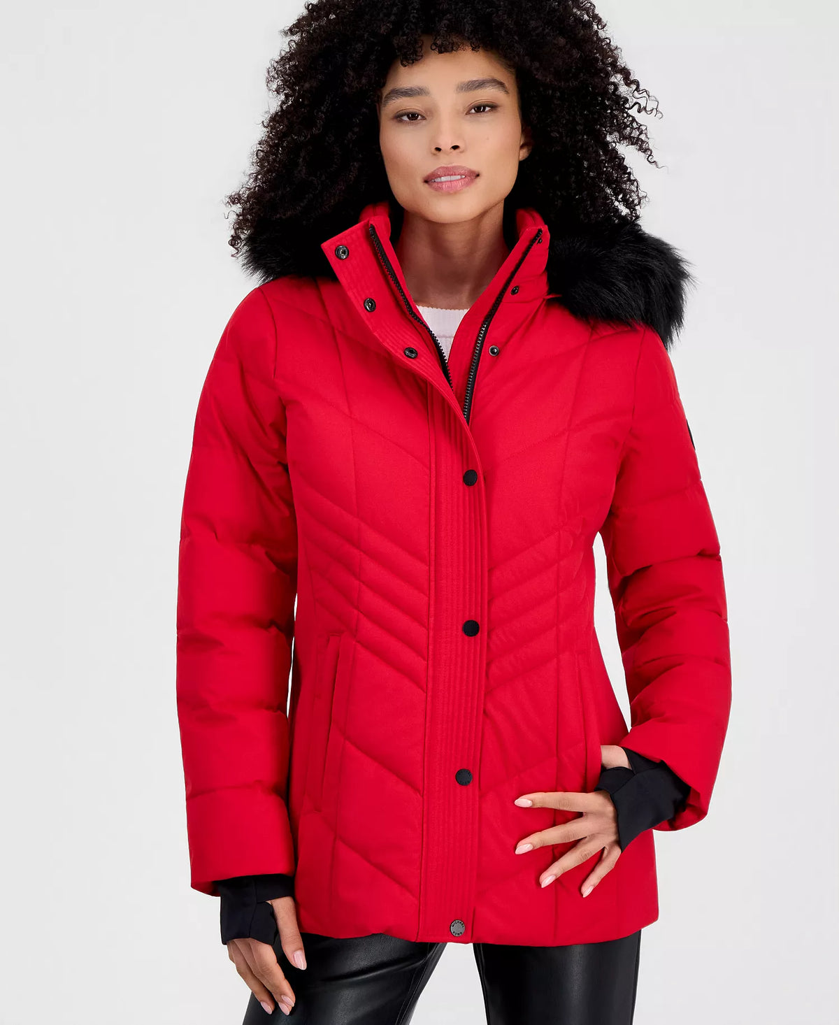 Michael Kors Women's Faux-Fur-Trim Hooded Puffer Coat, Created for Macy's-Crimson