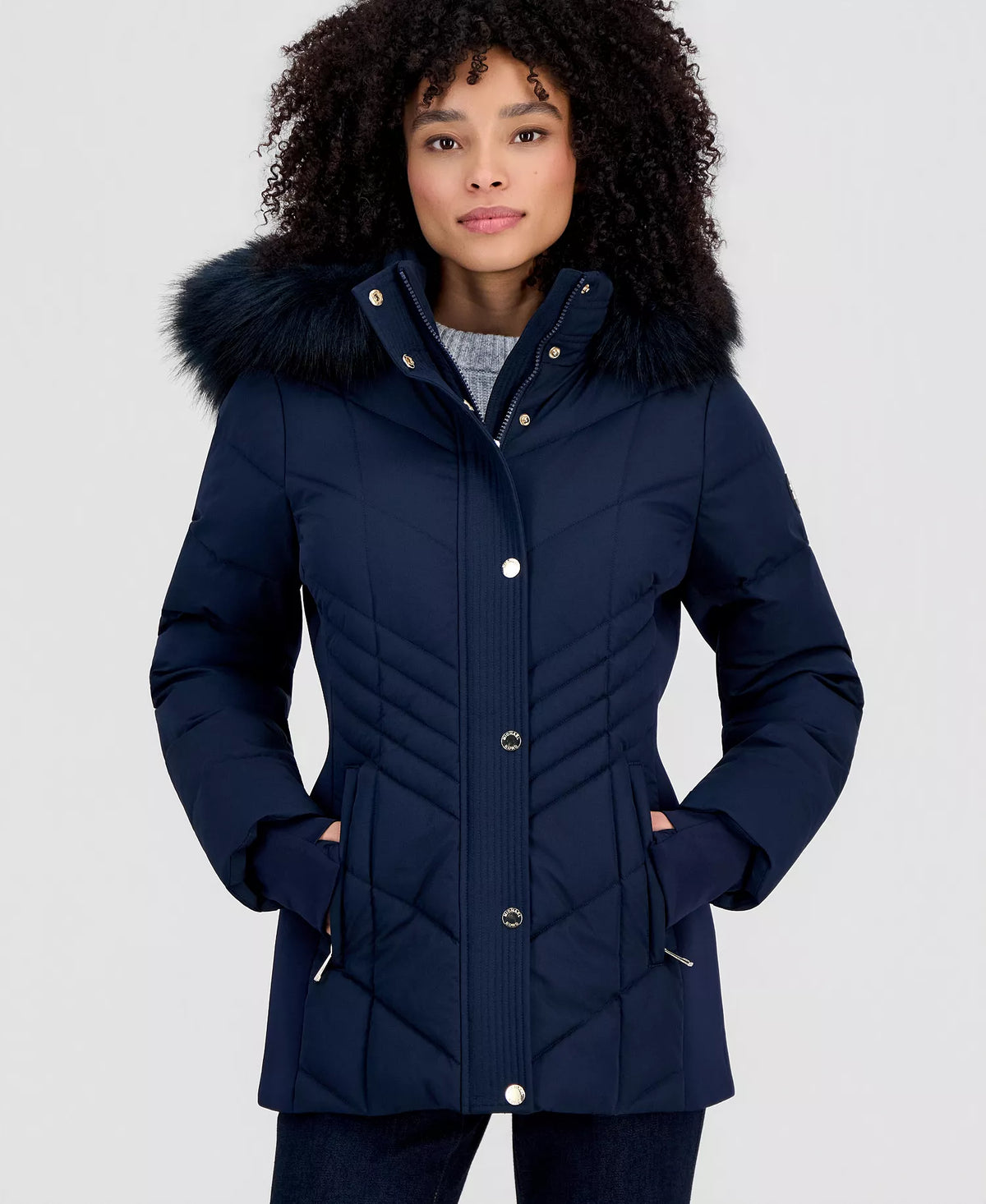 Michael Kors Women's Faux-Fur-Trim Hooded Puffer Coat, Created for Macy's-Midight Blue