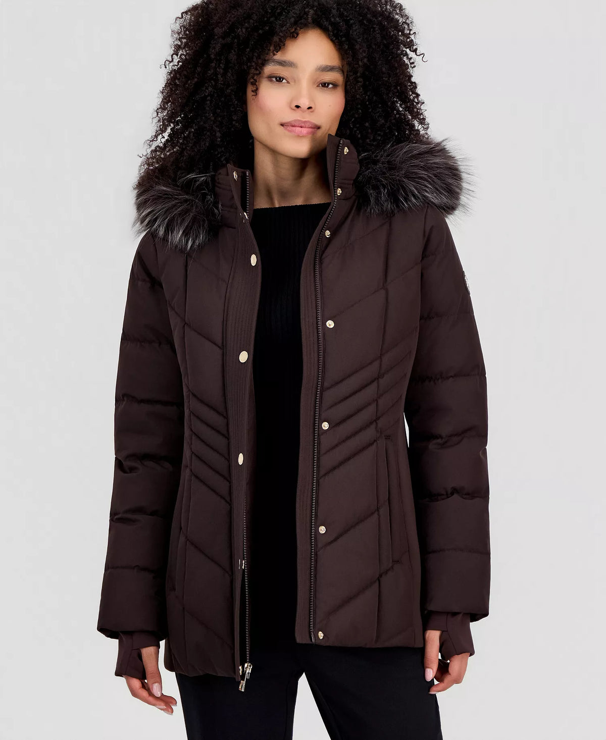 Michael Kors Women's Faux-Fur-Trim Hooded Puffer Coat, Created for Macy's-Chocolate
