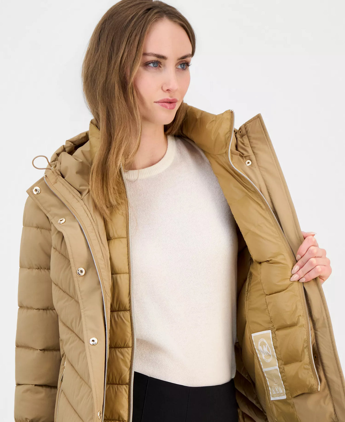 Michael Kors Women's Hooded Bibbed Packable Puffer Coat-Dk Camel