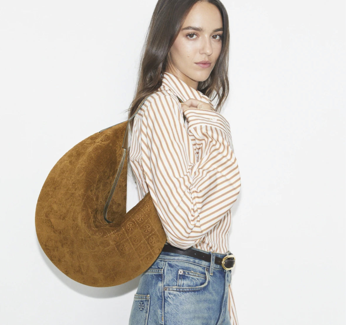 TORY BURCH T MONOGRAM SUEDE BALLOON BAG -  Chicory Brown