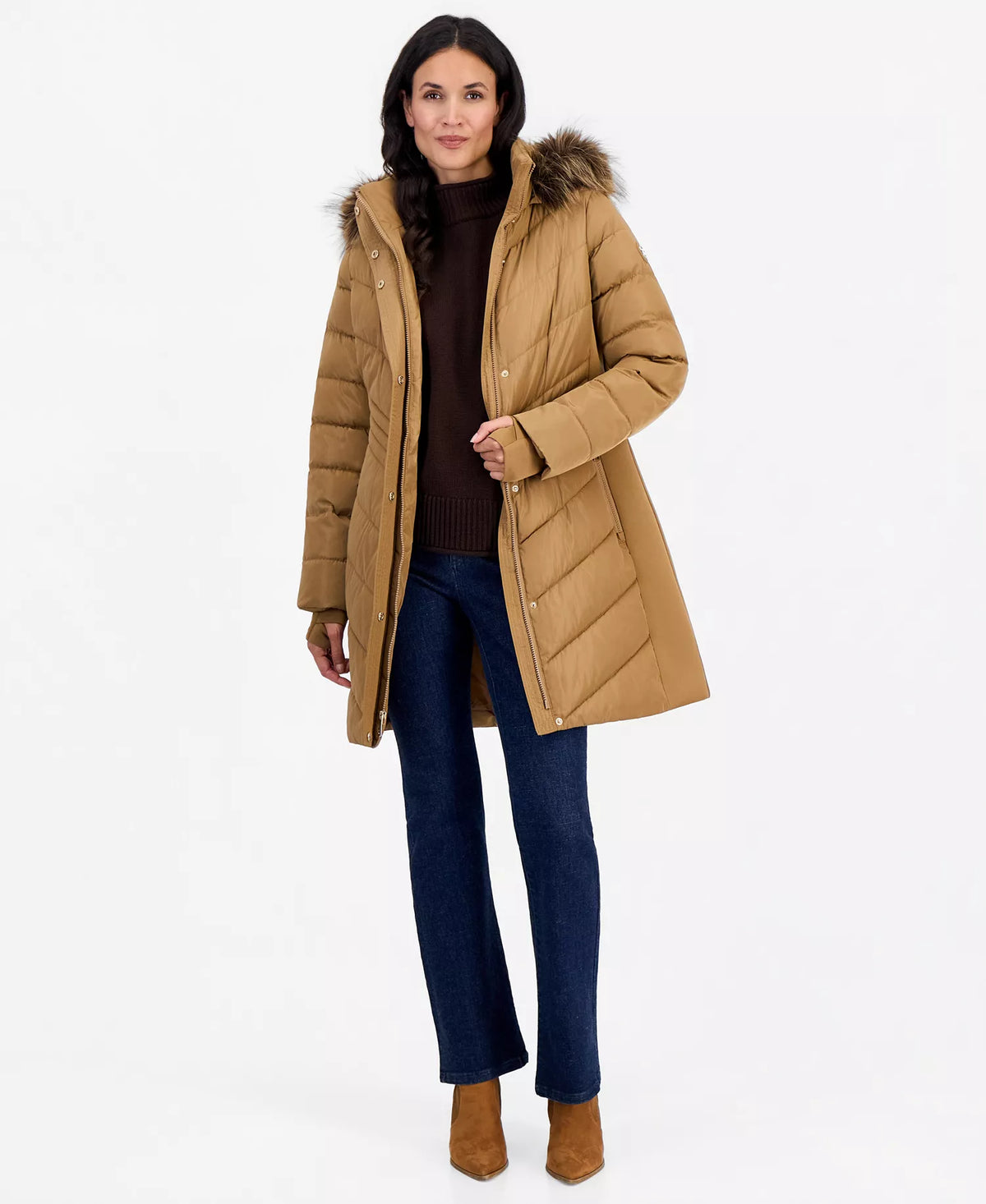 Michael Kors Michael Kors Women's Hooded Faux-Fur Trim Puffer Coat-Dk Camel
