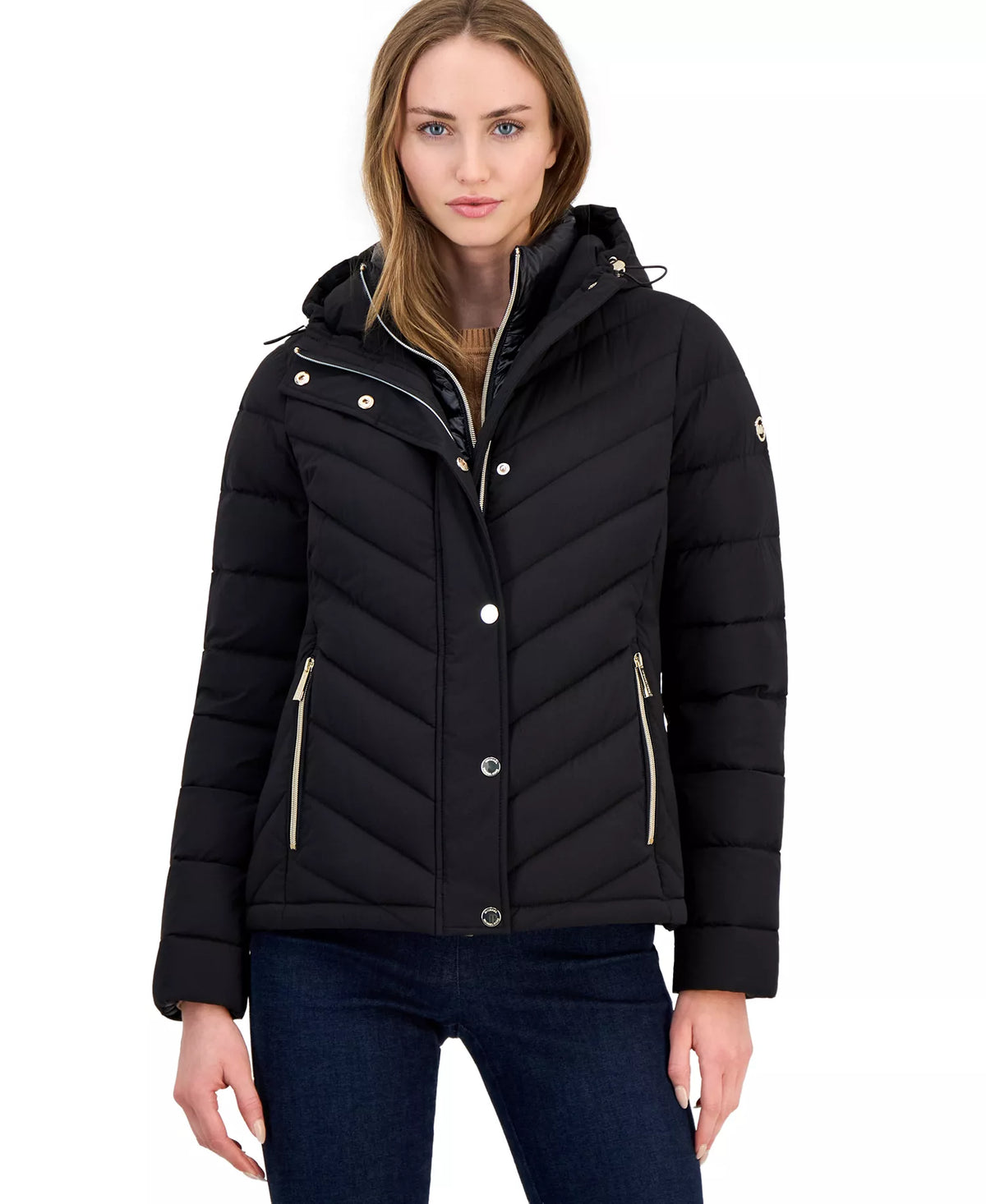 Michael Kors Women's Hooded Bibbed Packable Puffer Coat-Black