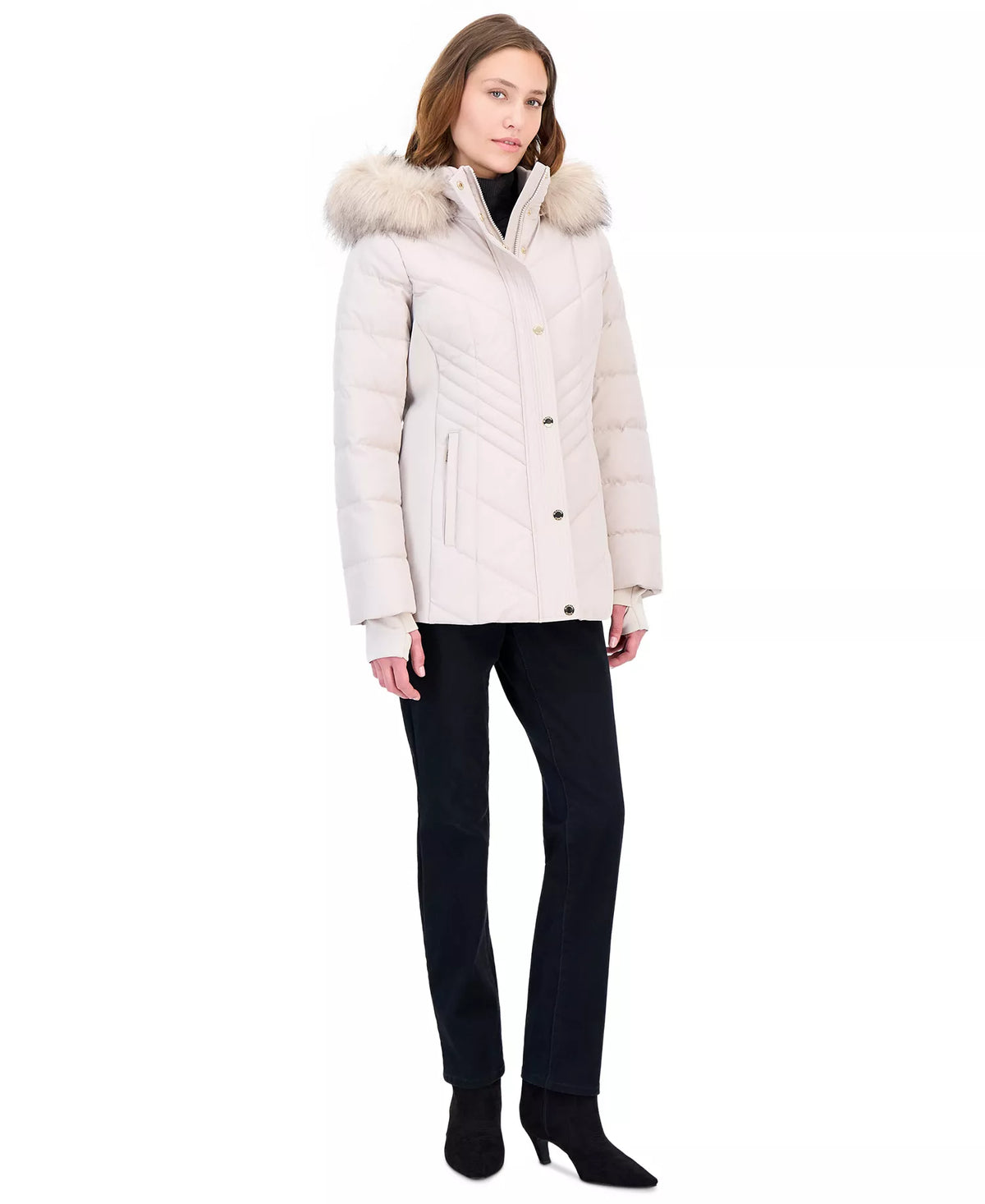 Michael Kors Women's Faux-Fur-Trim Hooded Puffer Coat, Created for Macy's-Champagne