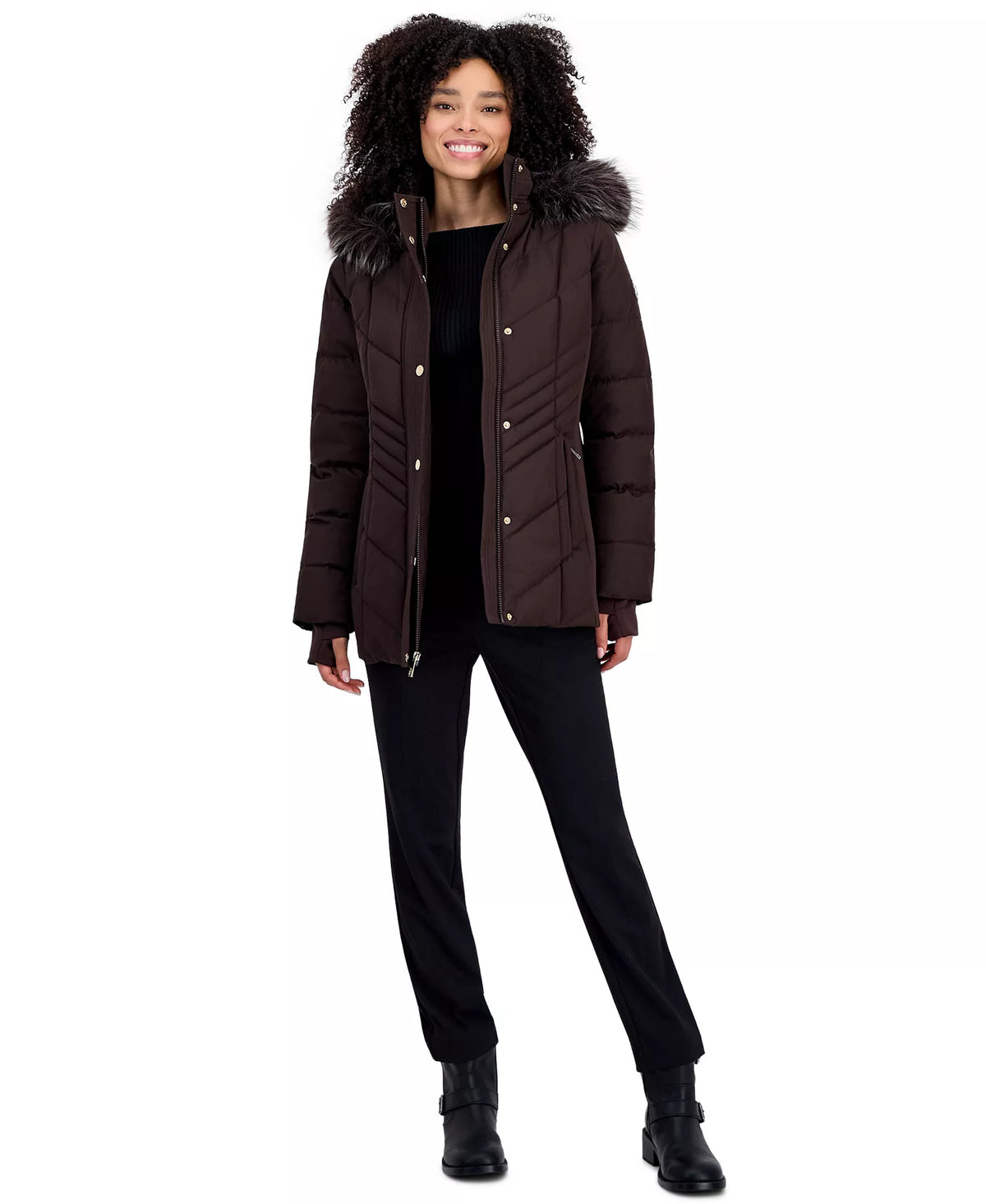 Michael Kors Women's Faux-Fur-Trim Hooded Puffer Coat, Created for Macy's-Chocolate
