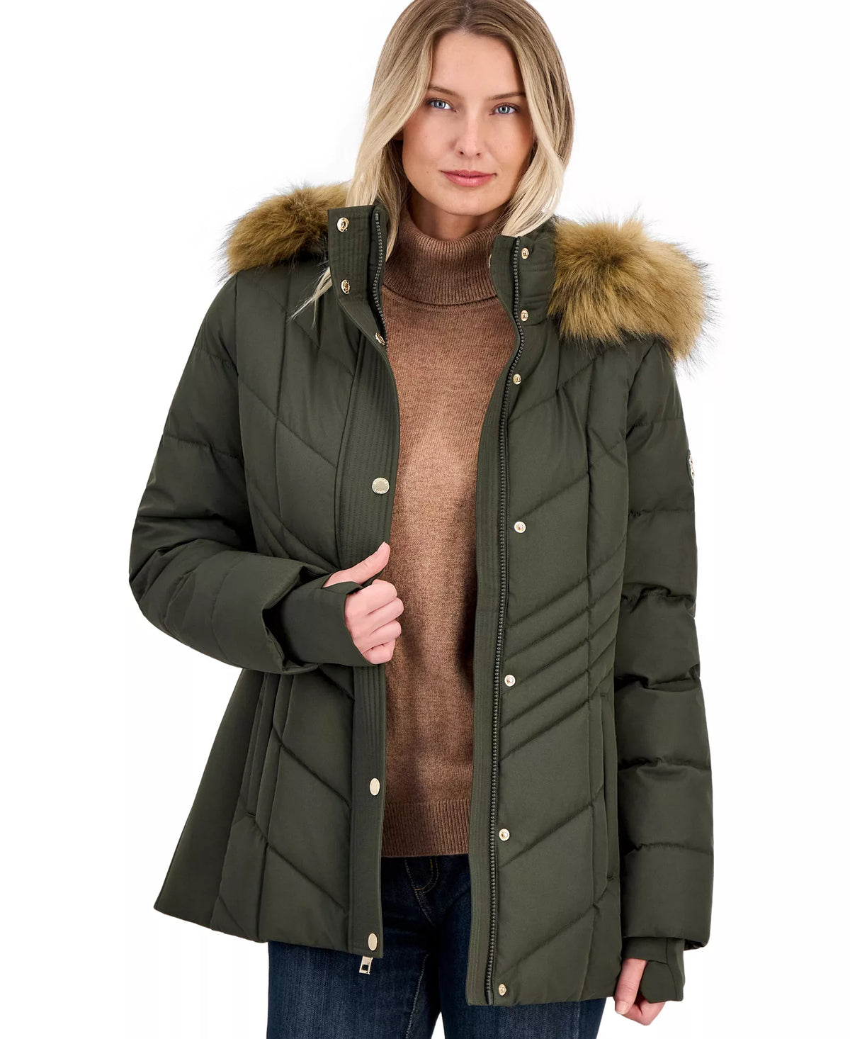 Michael Kors Women's Faux-Fur-Trim Hooded Puffer Coat, Created for Macy's-Ivy