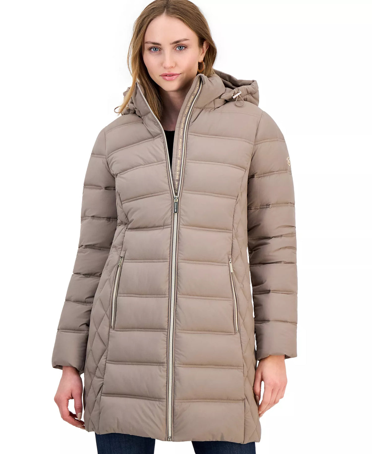 Michael Kors Women's Hooded Packable Puffer Coat-TAUPE
