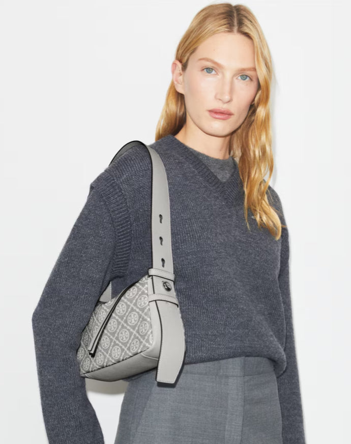 TORY BURCH SMALL ROMY T MONOGRAM SHOULDER BAG - GRAY