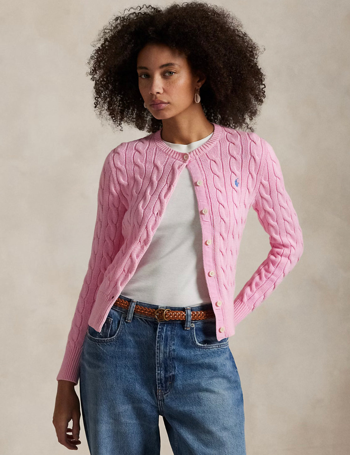 Ralph Lauren Cable-Knit Cotton Crewneck Cardigan - Pink