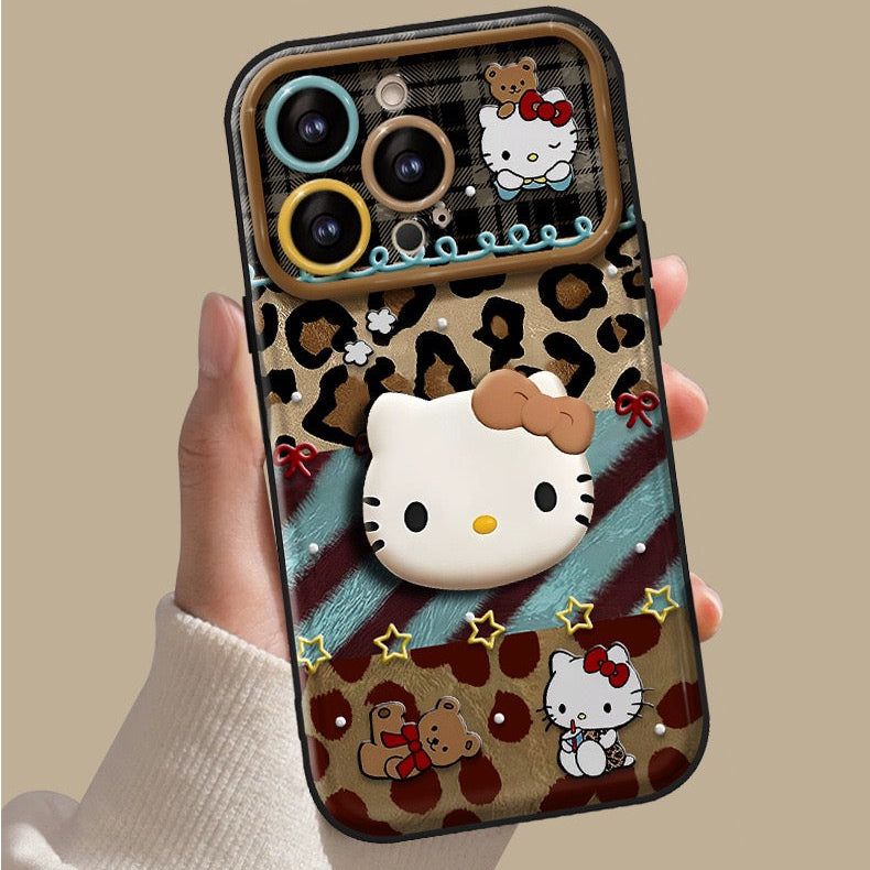 Aieda Leopard Print Hello Kitty Flip Phone Case with Mirror and Stand