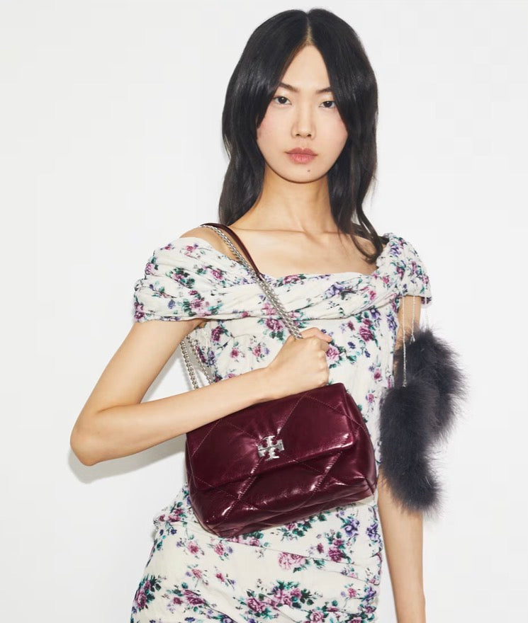 TORY BURCH SMALL KIRA DIAMOND QUILT DISTRESSED SHOULDER BAG  -  dark carmine