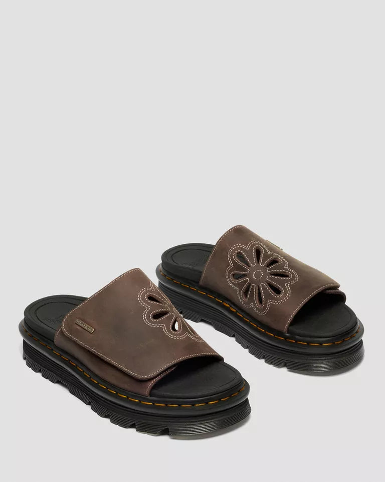 Dr. Martens Women Zebzag Flower Crazy Horse Leather Slides  -  Dark Brown — Crazy Horse