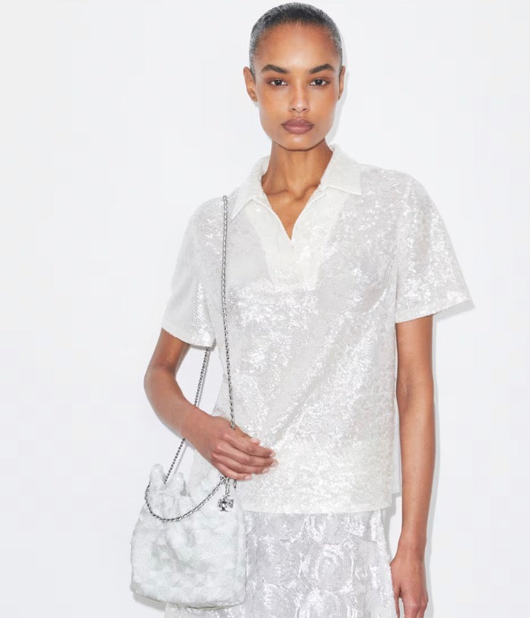 TORY BURCH MINI FLEMING SEQUIN HOBO BAG  -  white