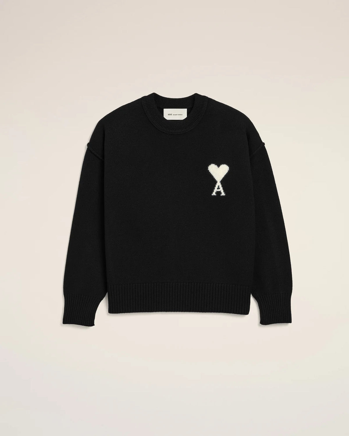 Ami Paris Unisex BLACK CREWNECK WOOL SWEATER WITH AMI DE COEUR - BLACK/OFF WHITE