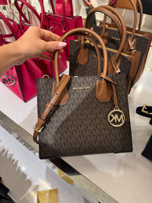 Michael Kors Mercer Medium Logo and Leather Accordion Crossbody Bag- Brown - Hemen Teslimde
