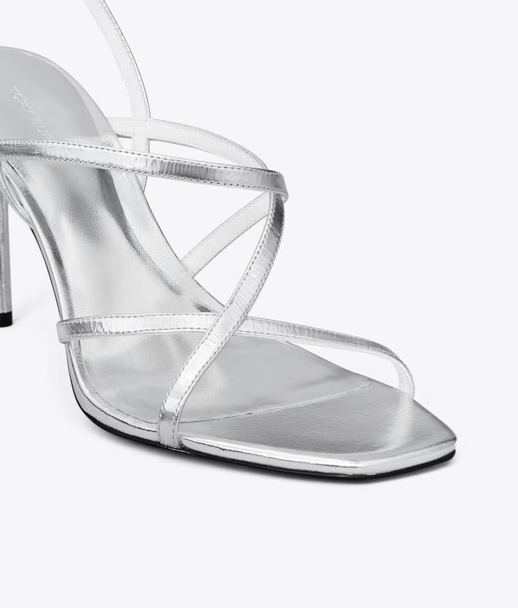 TORY BURCH MULTI-STRAP HEELED SANDAL  -  silver